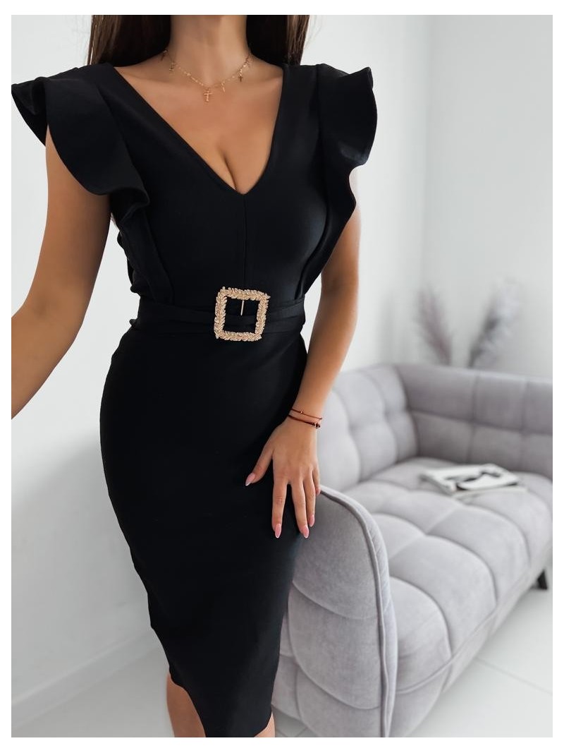 Pencil dress with ruffles, black SFA0157